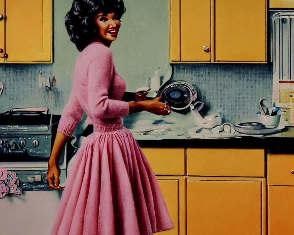 Vintage Illustration: Smiling Woman Washing Dishes in Pink Outfit