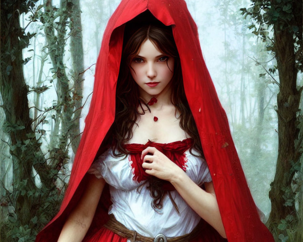 Woman in Red Hood and Cape with Dark Hair and White Dress in Forest