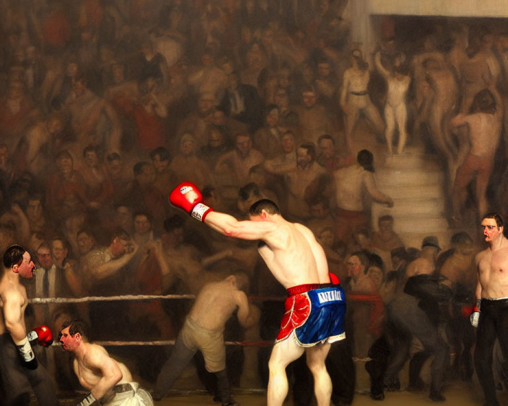 Digitally altered painting: Boxing match with victorious boxer and defeated opponent.