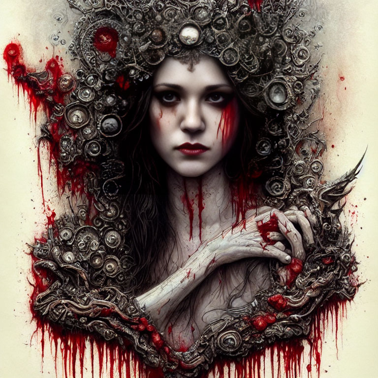 Dark Fantasy Art: Woman with Metallic Crown and Piercing Gaze