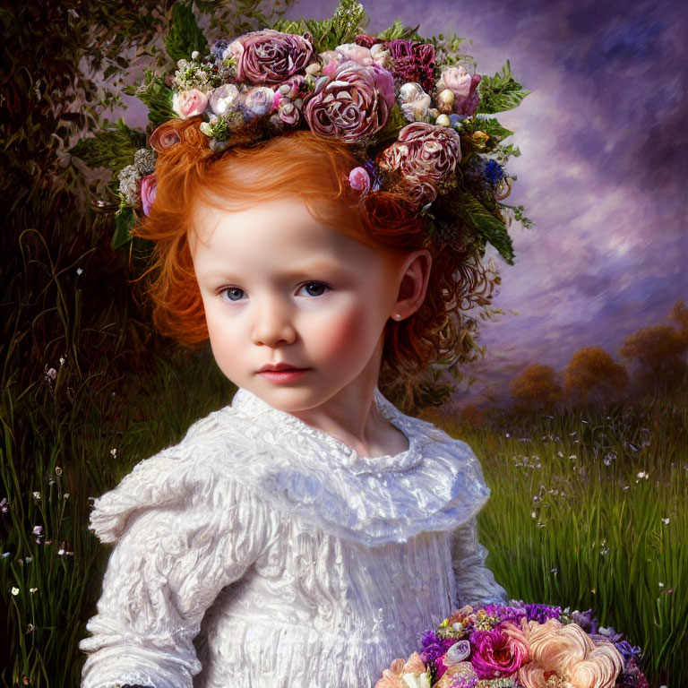 Red-haired girl in floral crown holding bouquet in white dress against dusk sky