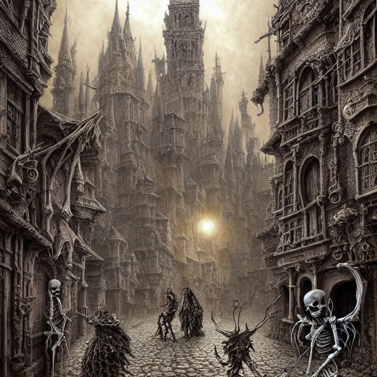Gothic fantasy cityscape with skeletons and eerie creatures at dusk