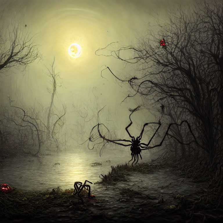 Misty Swamp Scene with Spider-like Creatures and Red Lights