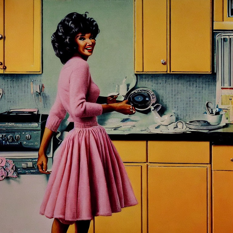 Vintage Illustration: Smiling Woman Washing Dishes in Pink Outfit
