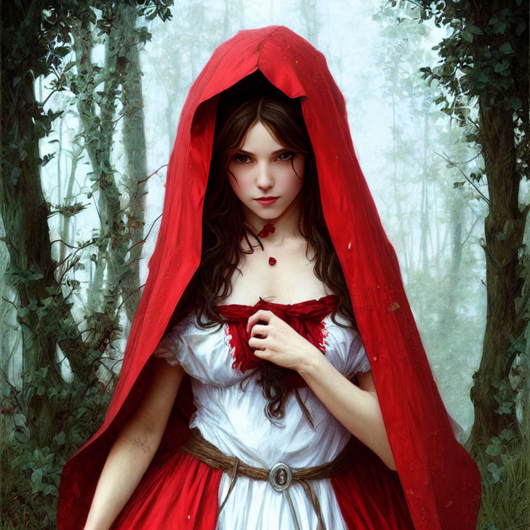 Woman in Red Hood and Cape with Dark Hair and White Dress in Forest