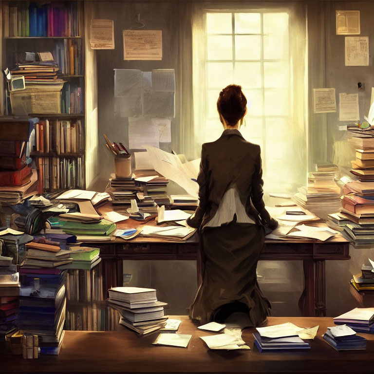 Person in Sunlit Room Surrounded by Books