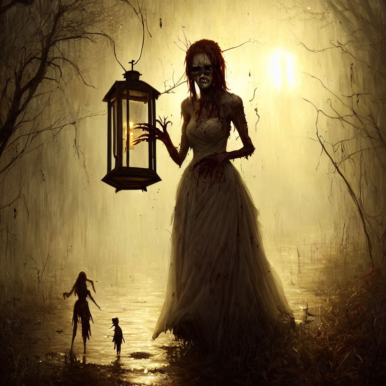 Eerie zombie bride with lantern in misty forest