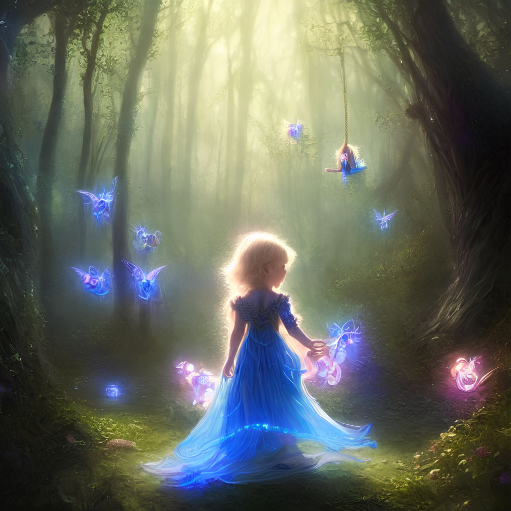 Girl in Blue Dress Surrounded by Glowing Butterflies in Forest with Swing