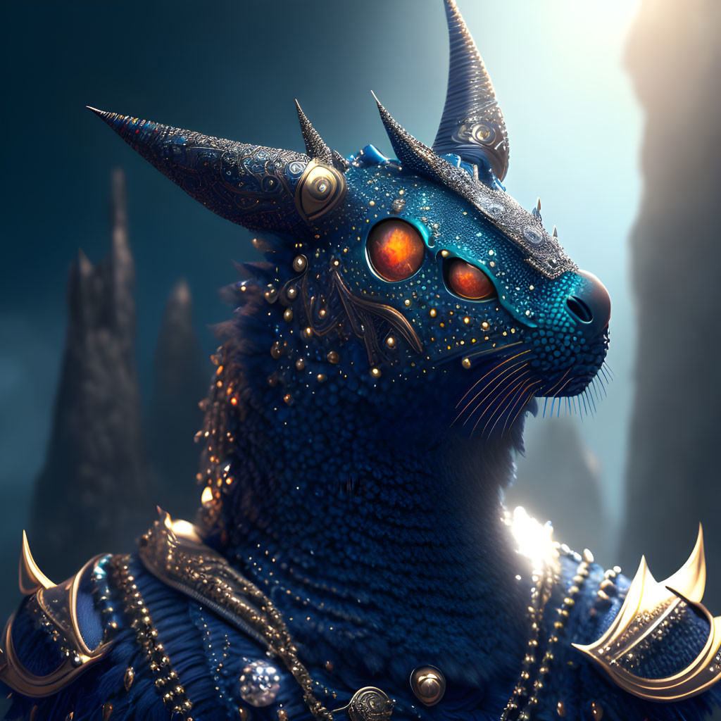 Fantastical blue-scaled dragon in ornate golden armor with glowing orange eyes.