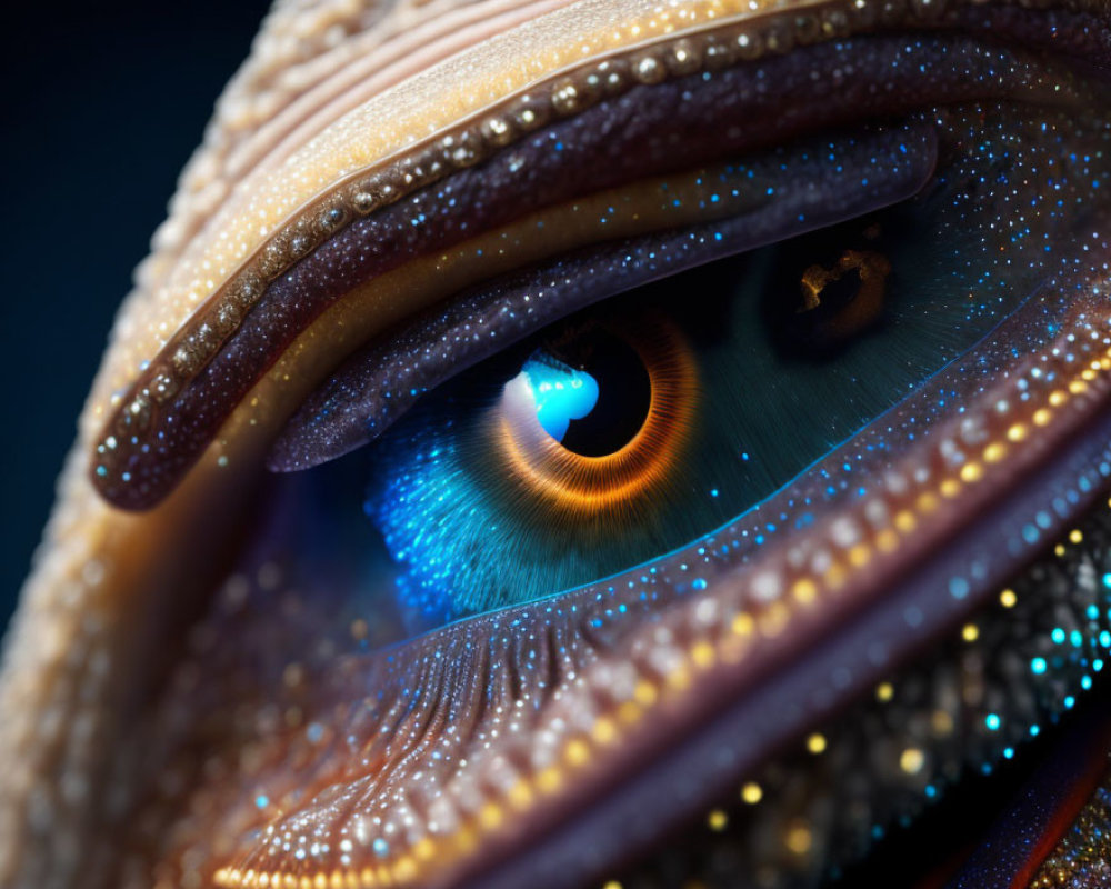 Iridescent creature's eye with vivid blue and orange colors