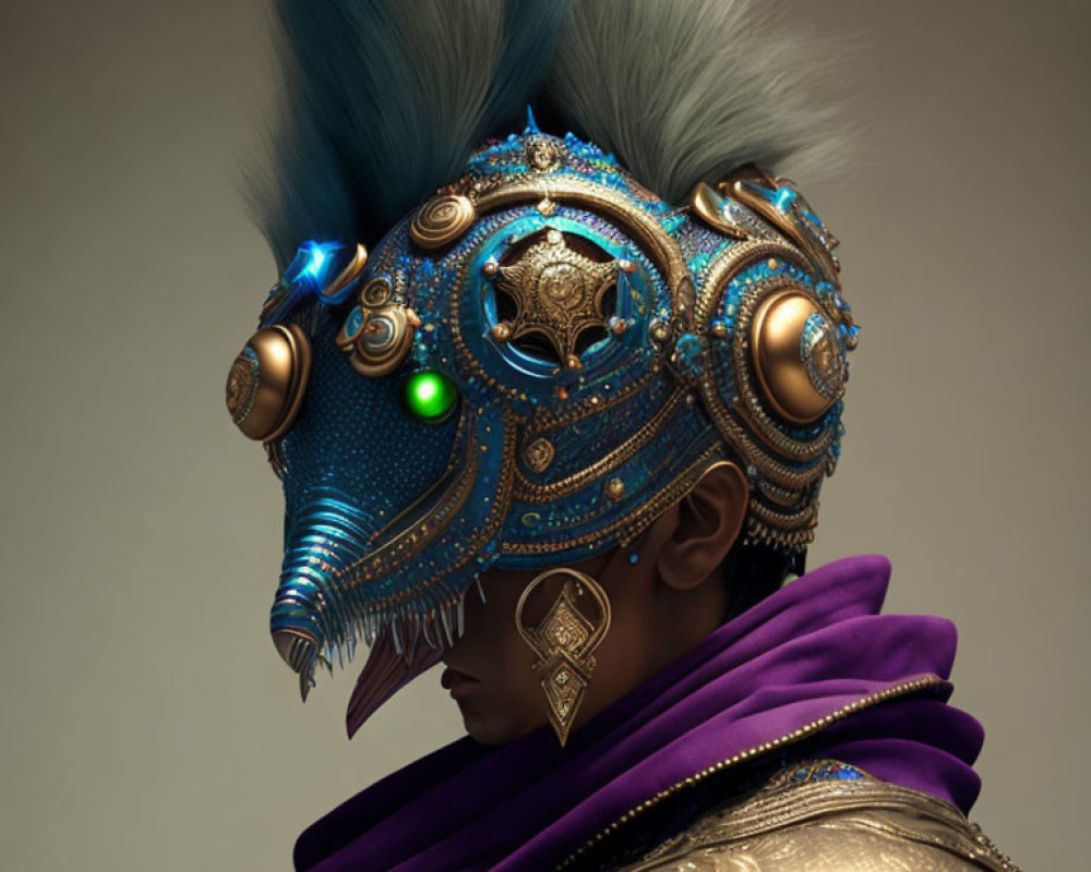 Detailed side profile of person in ornate helmet with blue plumage, glowing crystals, and gold accents