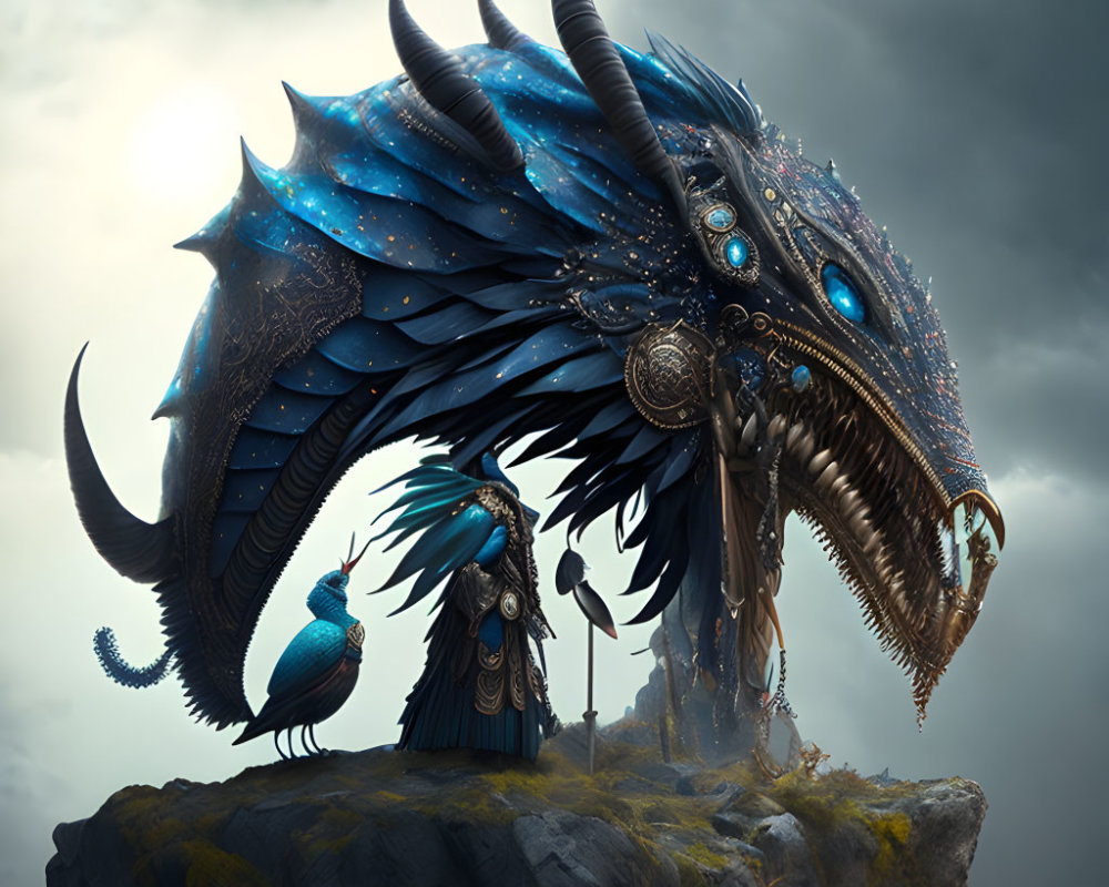 Majestic fantasy dragon with starry blue body and ornate horns on rock with blue bird under