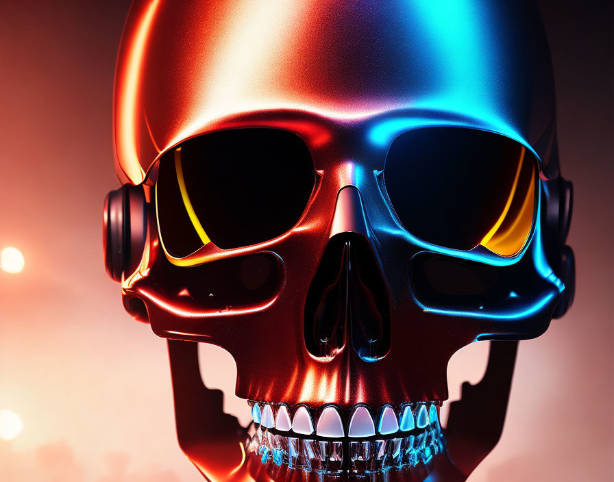 Colorful Metallic Skull with Sunglasses on Warm Gradient Background