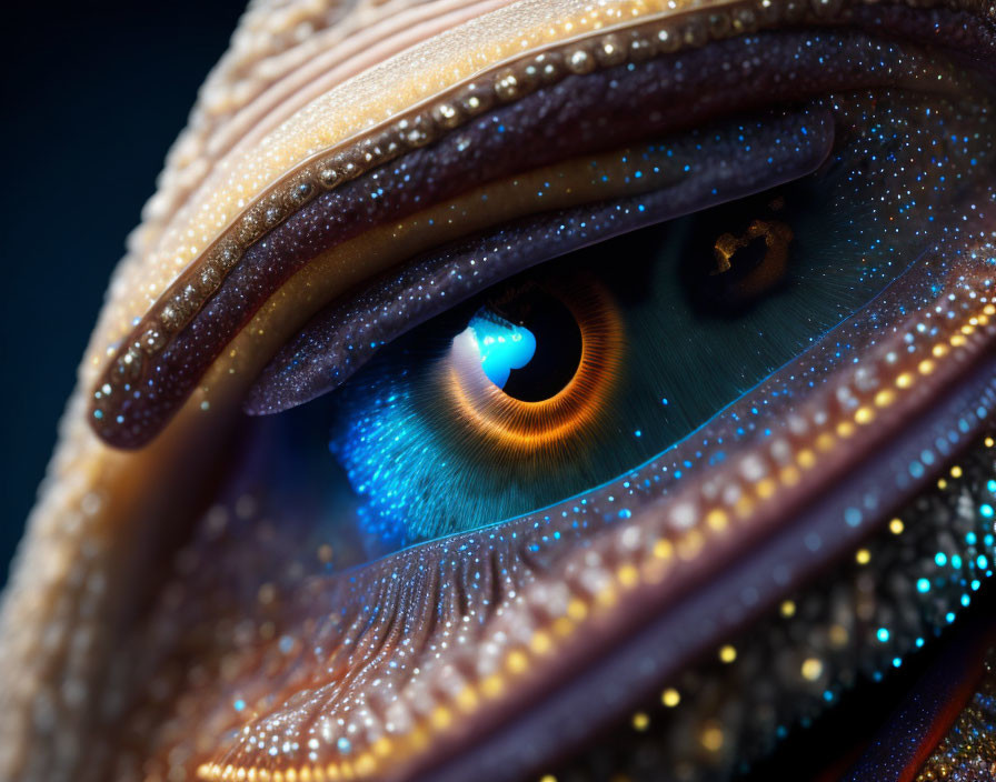 Iridescent creature's eye with vivid blue and orange colors