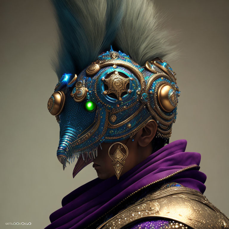 Detailed side profile of person in ornate helmet with blue plumage, glowing crystals, and gold accents