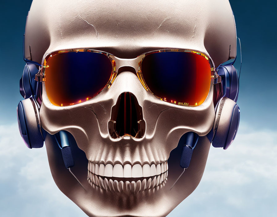 Skull with Sunglasses and Headphones on Blue Background