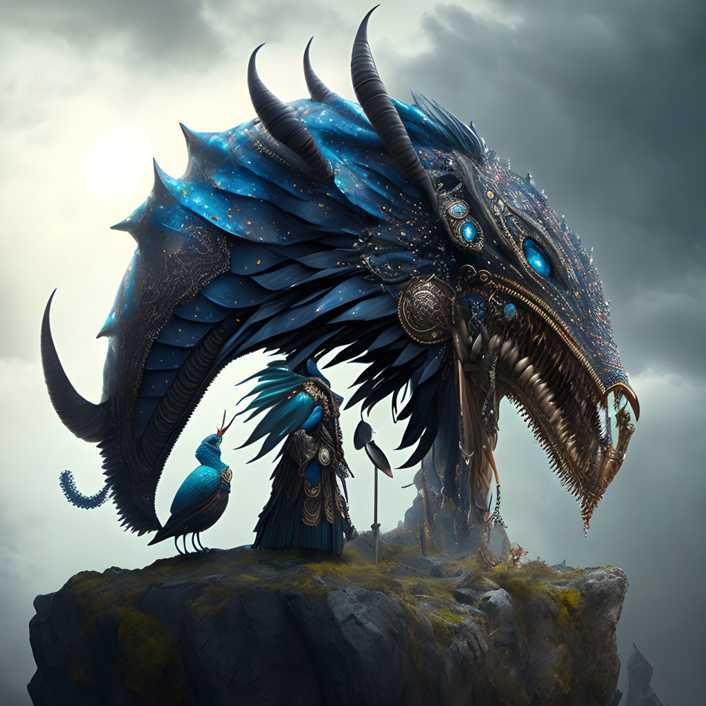 Majestic fantasy dragon with starry blue body and ornate horns on rock with blue bird under