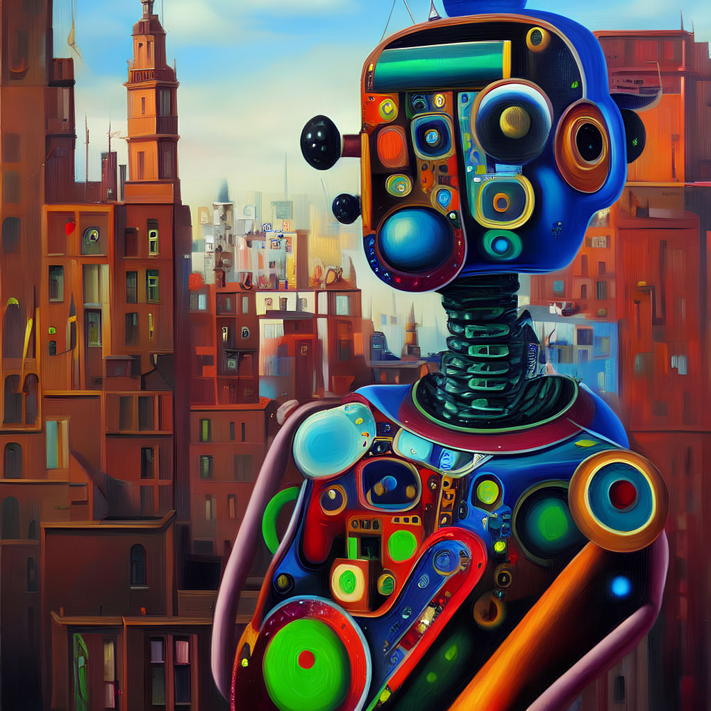 Detailed painting of a colorful robot in futuristic cityscape