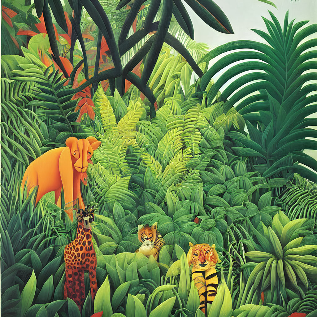 Stylized painting of dense jungle with giraffe, lion, and tiger in vibrant green foliage