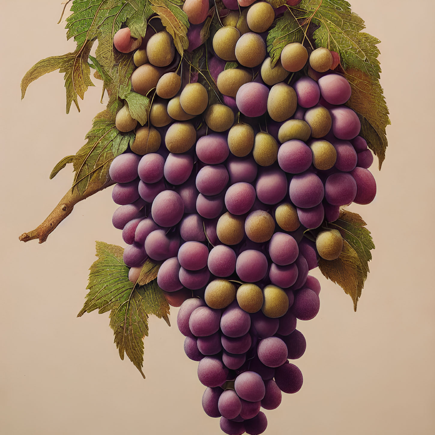 Ripe Purple Grapes with Green Leaves on Beige Background