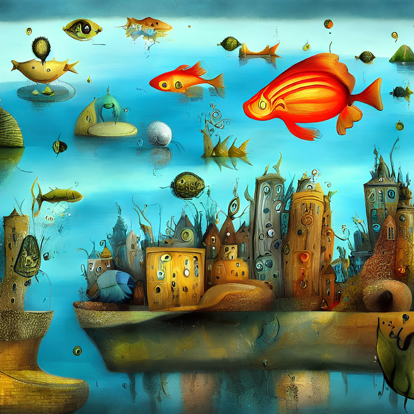 Whimsical underwater city scene with vibrant fish and buildings