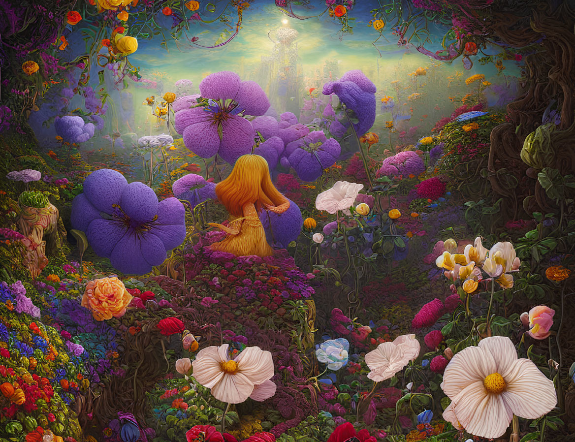 Fantastical garden with oversized flowers and golden-haired figure in ethereal glow