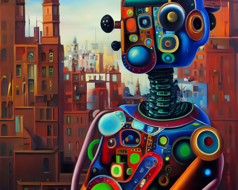 Detailed painting of a colorful robot in futuristic cityscape