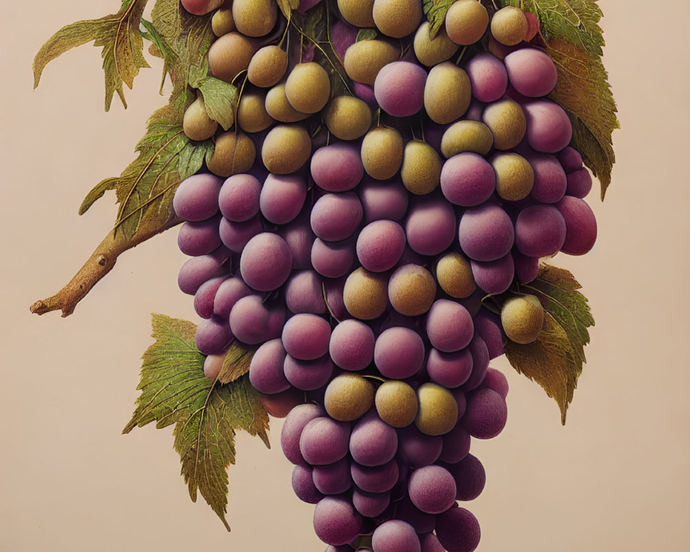 Ripe Purple Grapes with Green Leaves on Beige Background