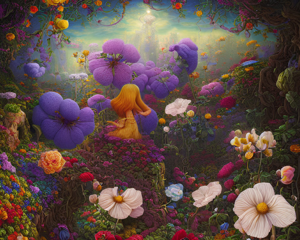 Fantastical garden with oversized flowers and golden-haired figure in ethereal glow