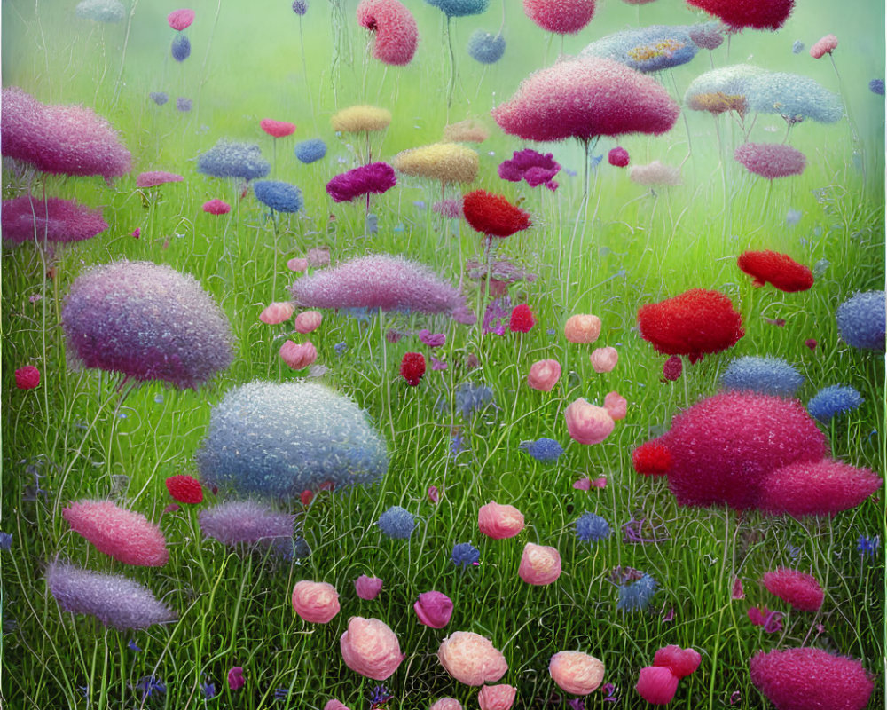 Colorful Mushrooms and Flowers in Misty Field