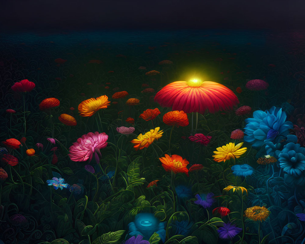 Luminous colorful flowers in mystical garden against dark background