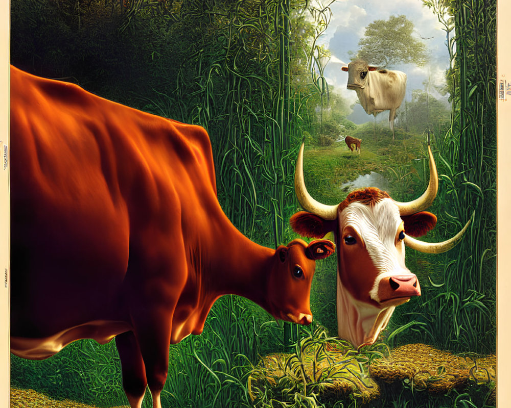 Surreal image of three cows with human-like eyes in lush greenery