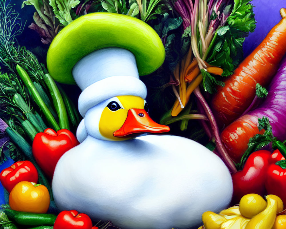 Vibrant duck chef surrounded by colorful vegetables
