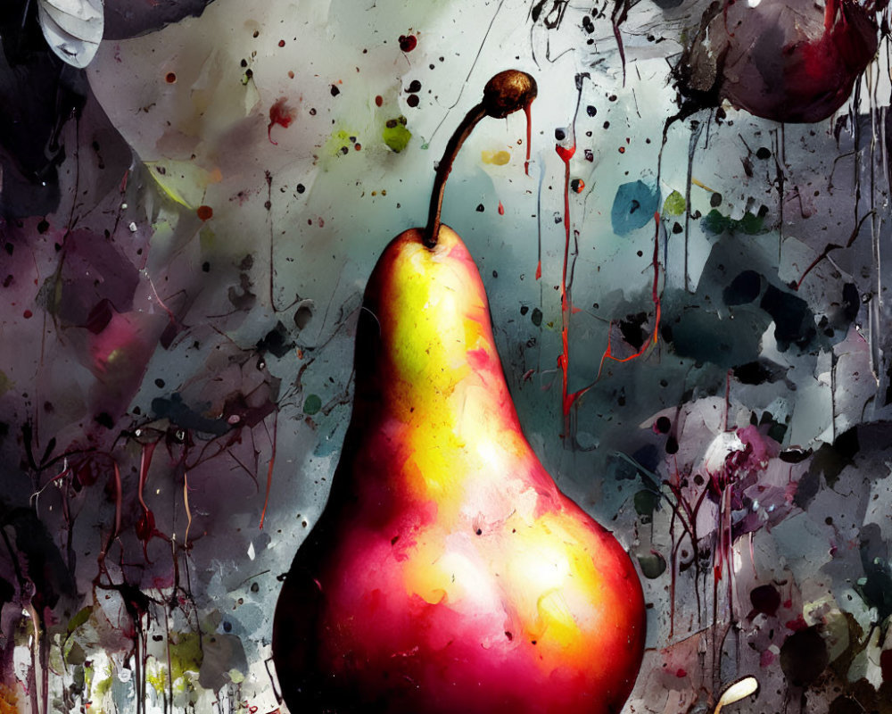 Vibrant abstract watercolor painting of dynamic pears