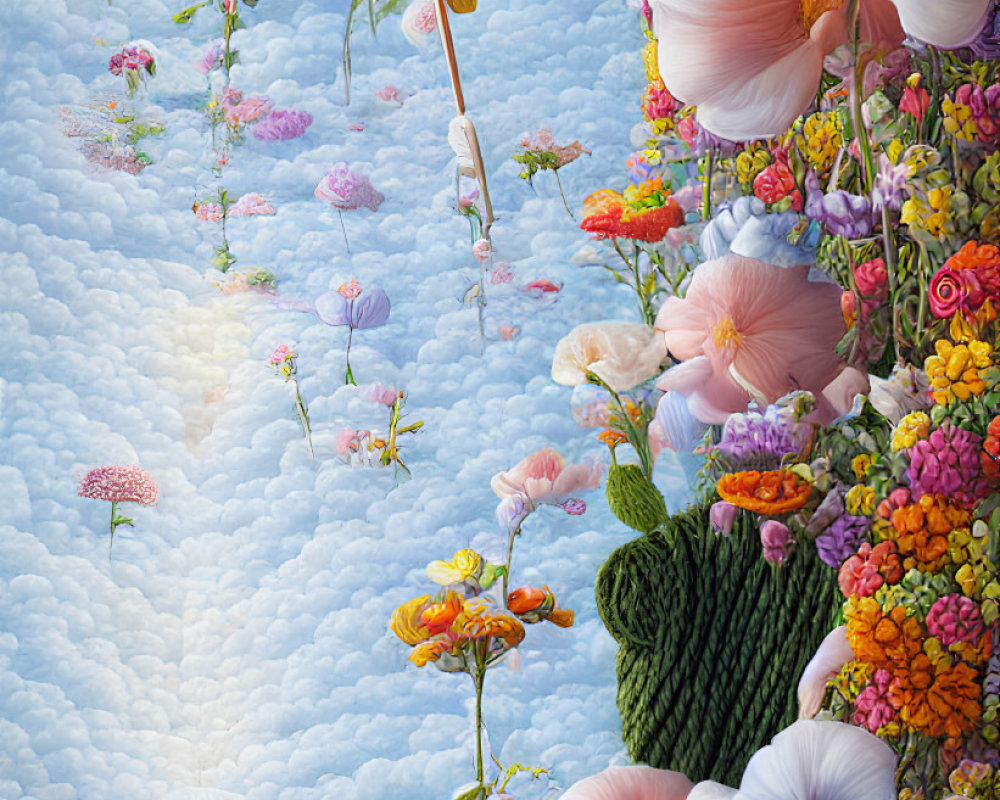 Surreal landscape with flowers, clouds, and spheres in dreamlike garden