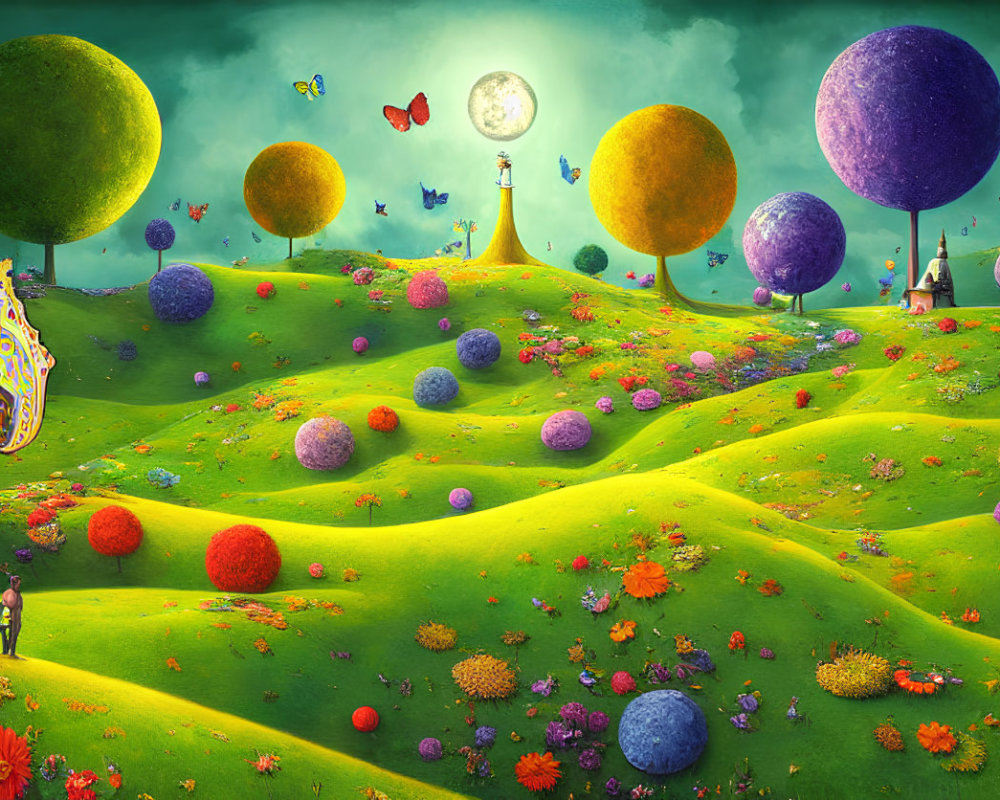 Colorful landscape with spherical trees, moon, butterflies, and couple holding hands