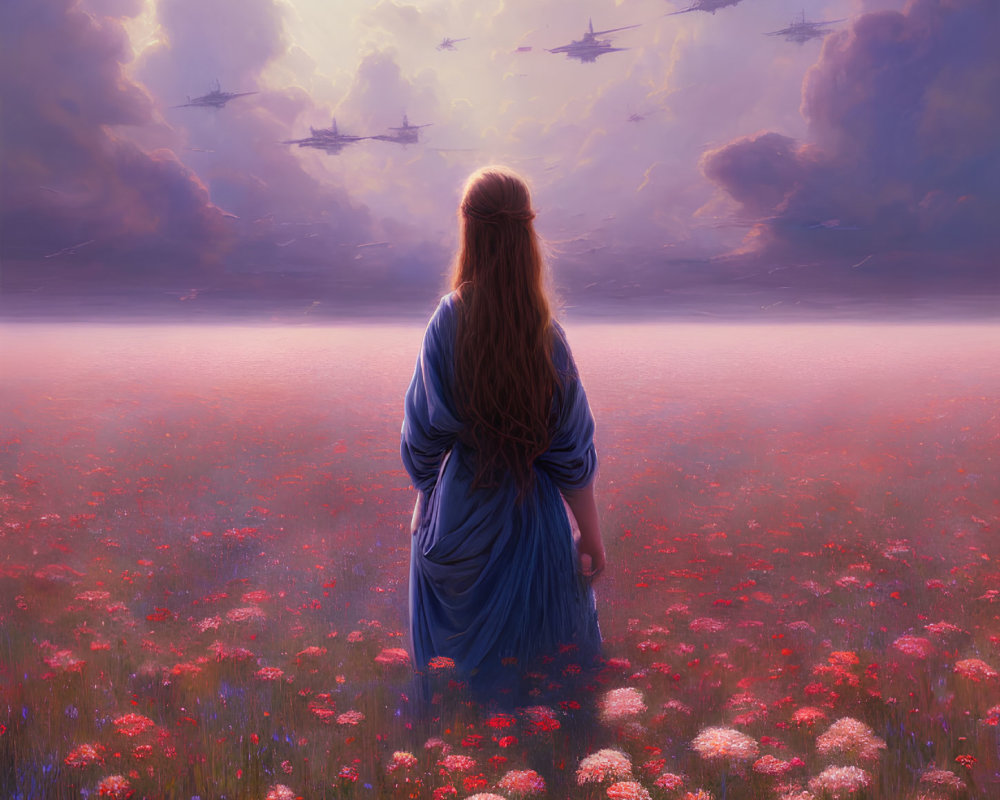 Woman in Blue Dress in Red Flower Field with Surreal Helicopter Sky
