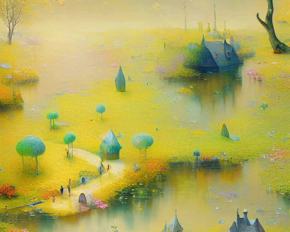 Dreamlike painting of tranquil landscape with floating islands, whimsical trees, canoe, and tiny figures in
