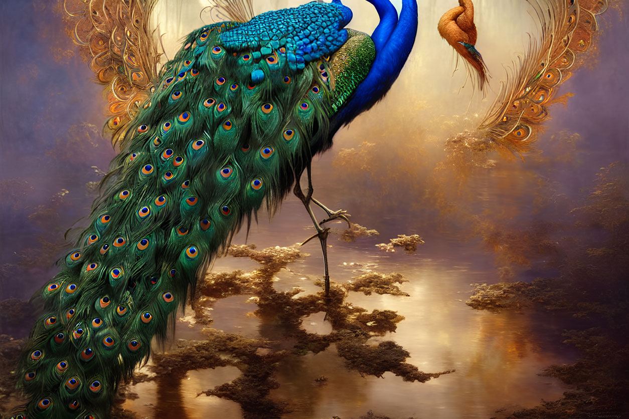 Colorful peacock with stunning tail above reflective waters in golden landscape
