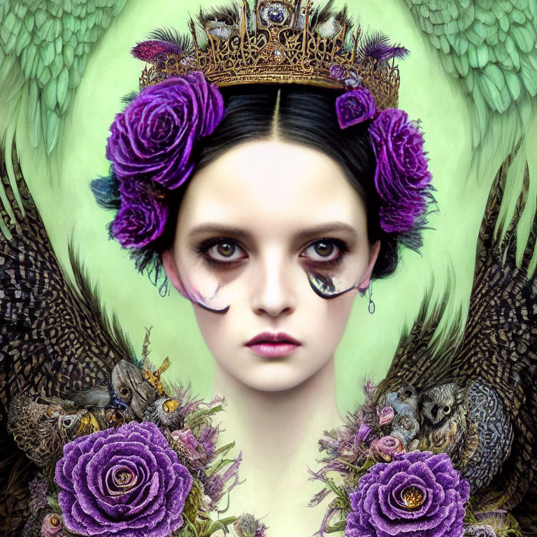 Surreal portrait of woman with crown, dark hair, surrounded by purple roses, owls,