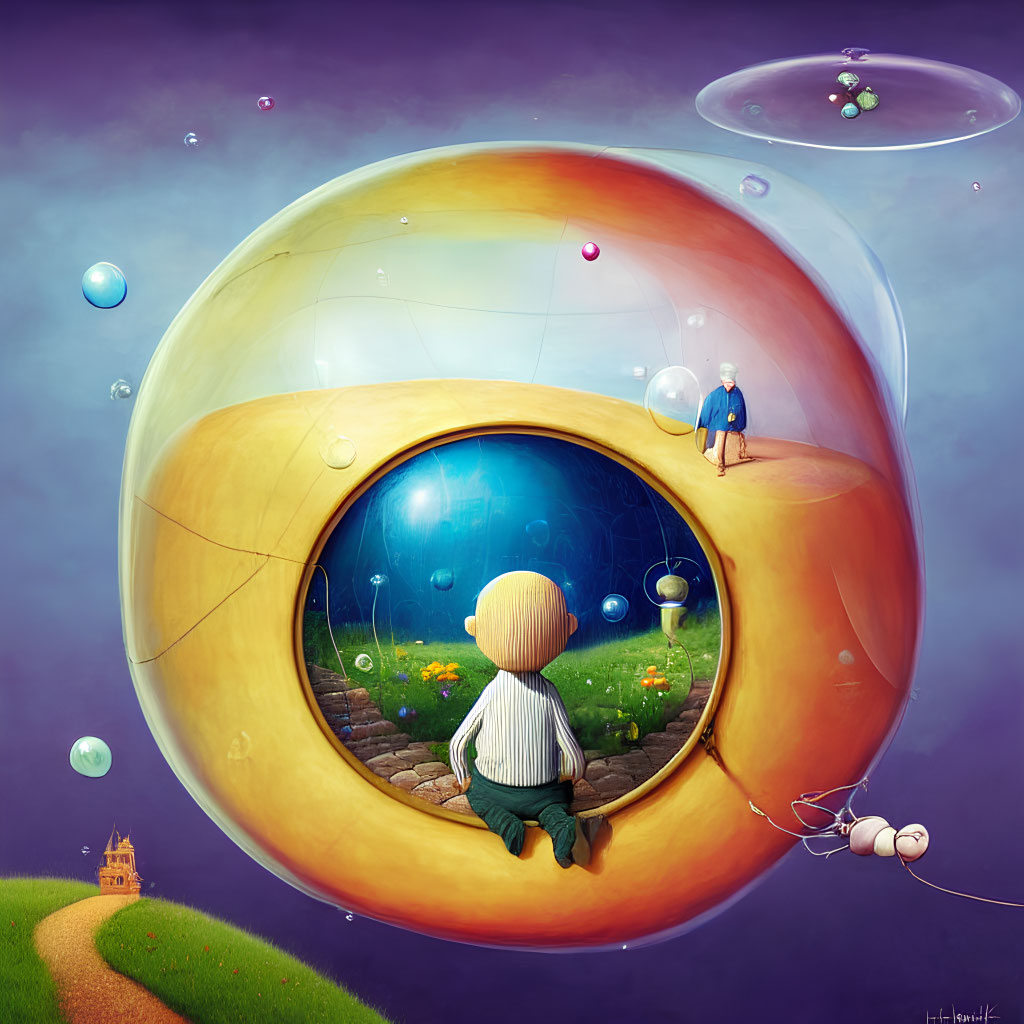 Surreal digital artwork: person on spherical structure with bubbles and figures