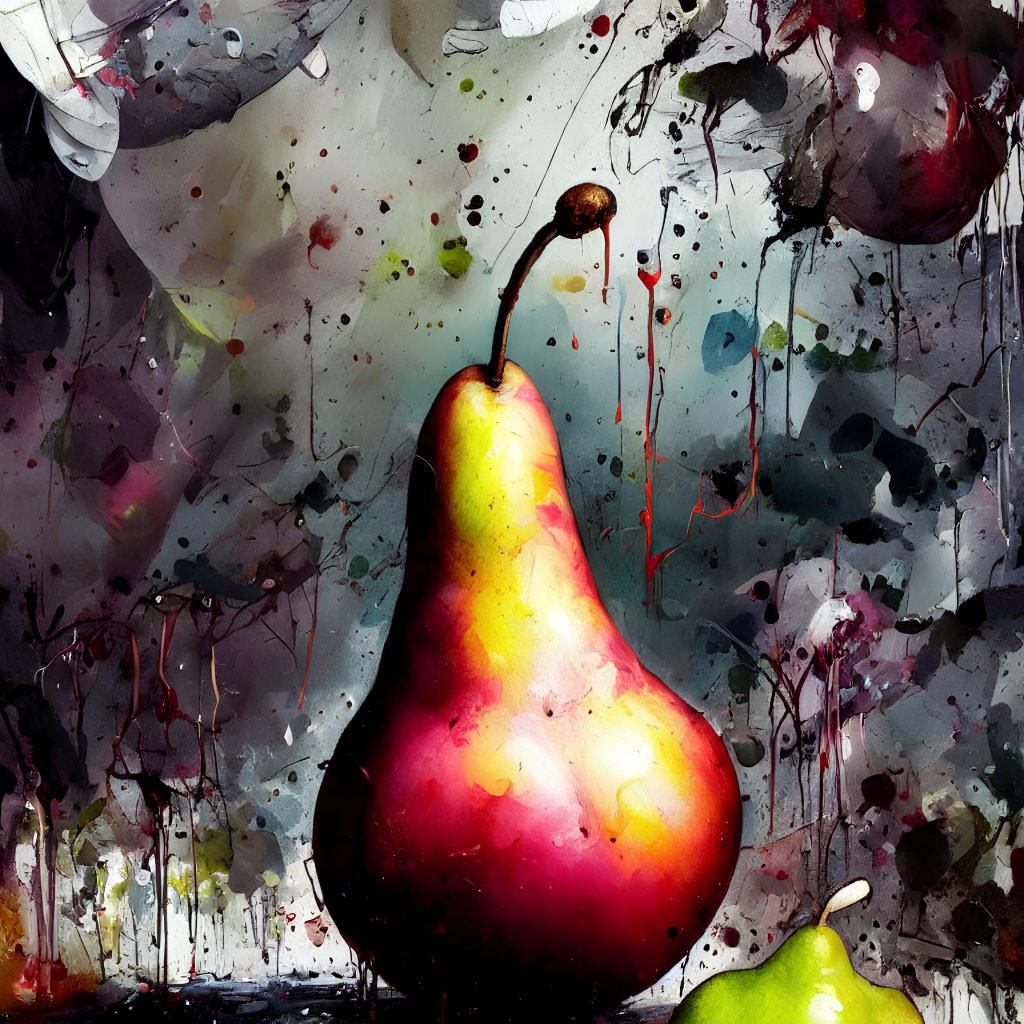 Vibrant abstract watercolor painting of dynamic pears