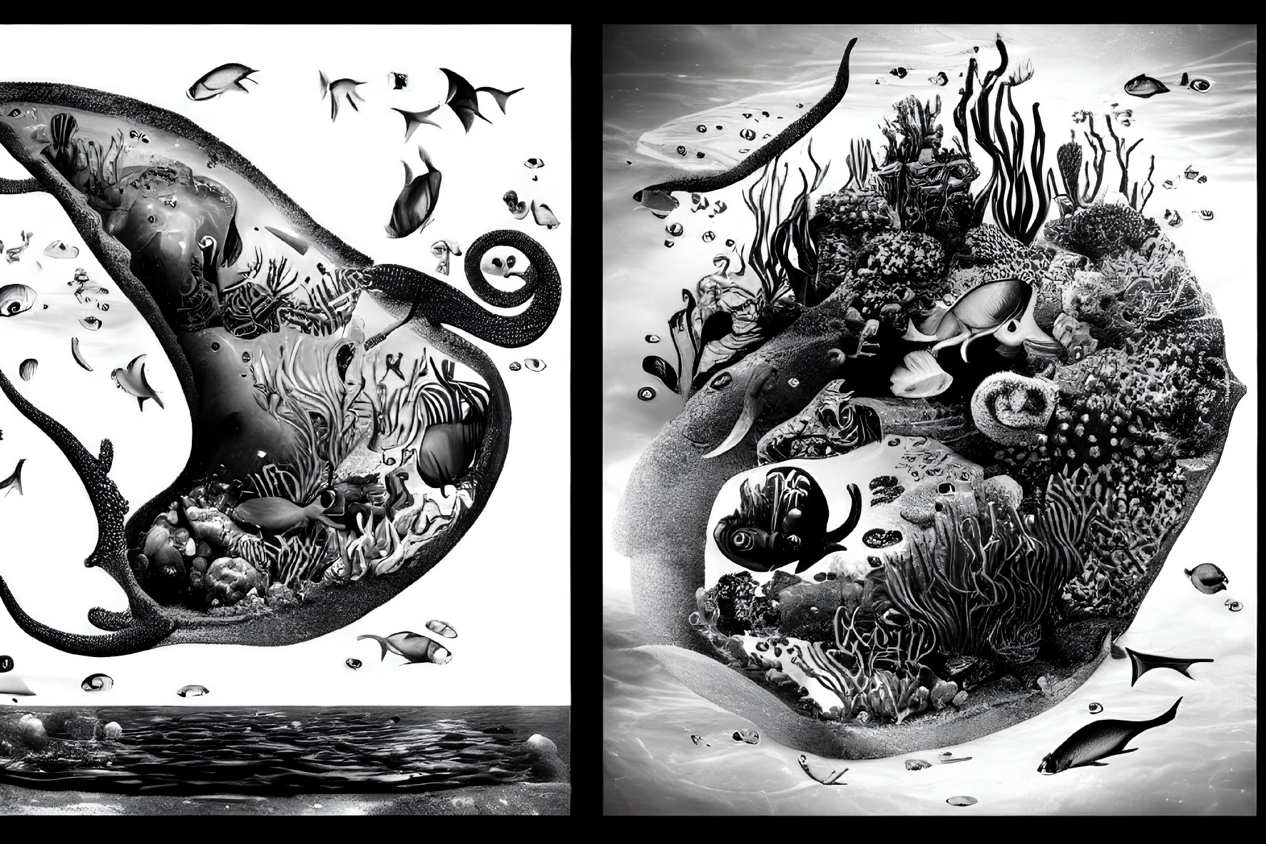 Monochrome yin-yang illustration with sea life depicting balanced underwater ecosystem.