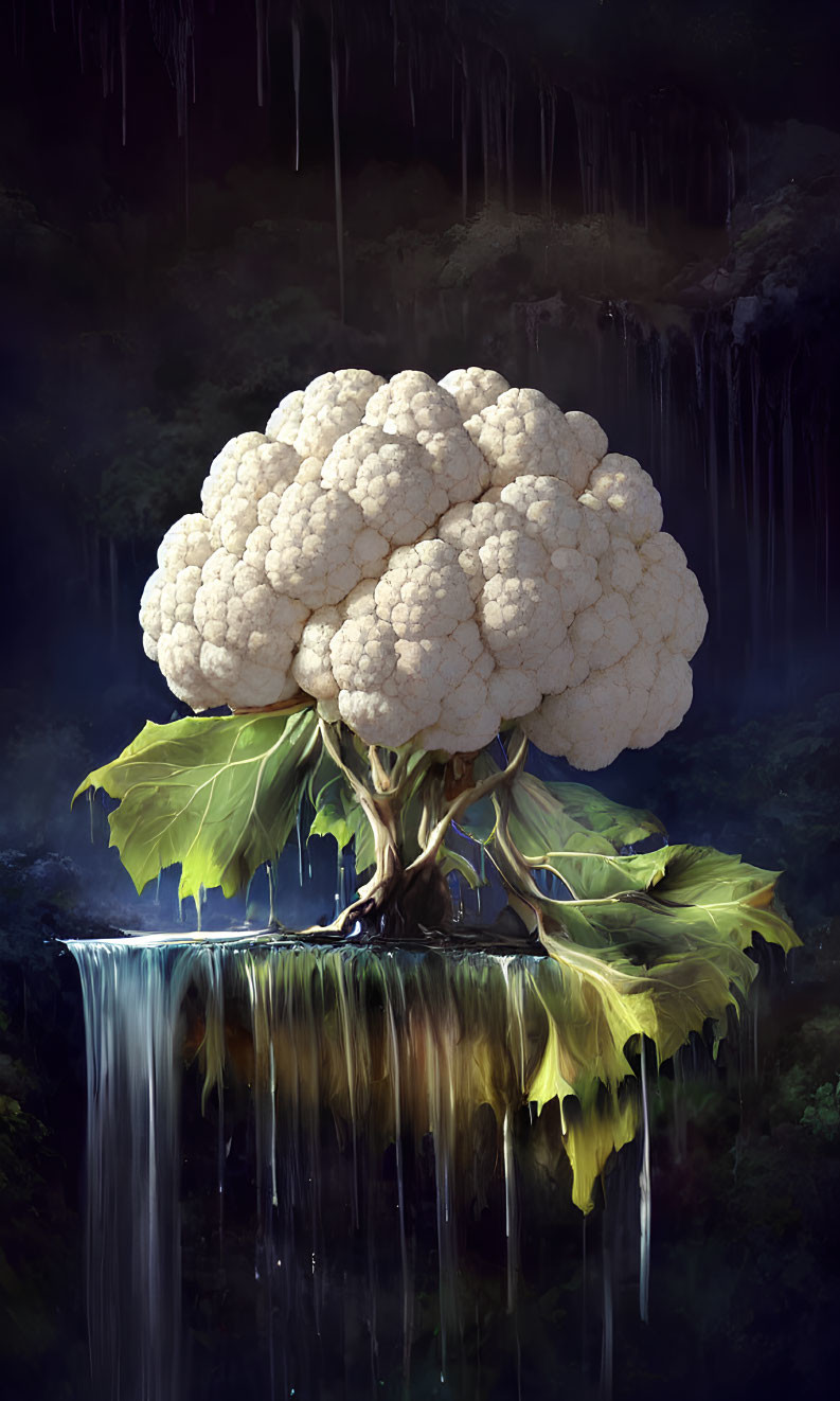 Surreal image: Cauliflower with tree branches on waterfall