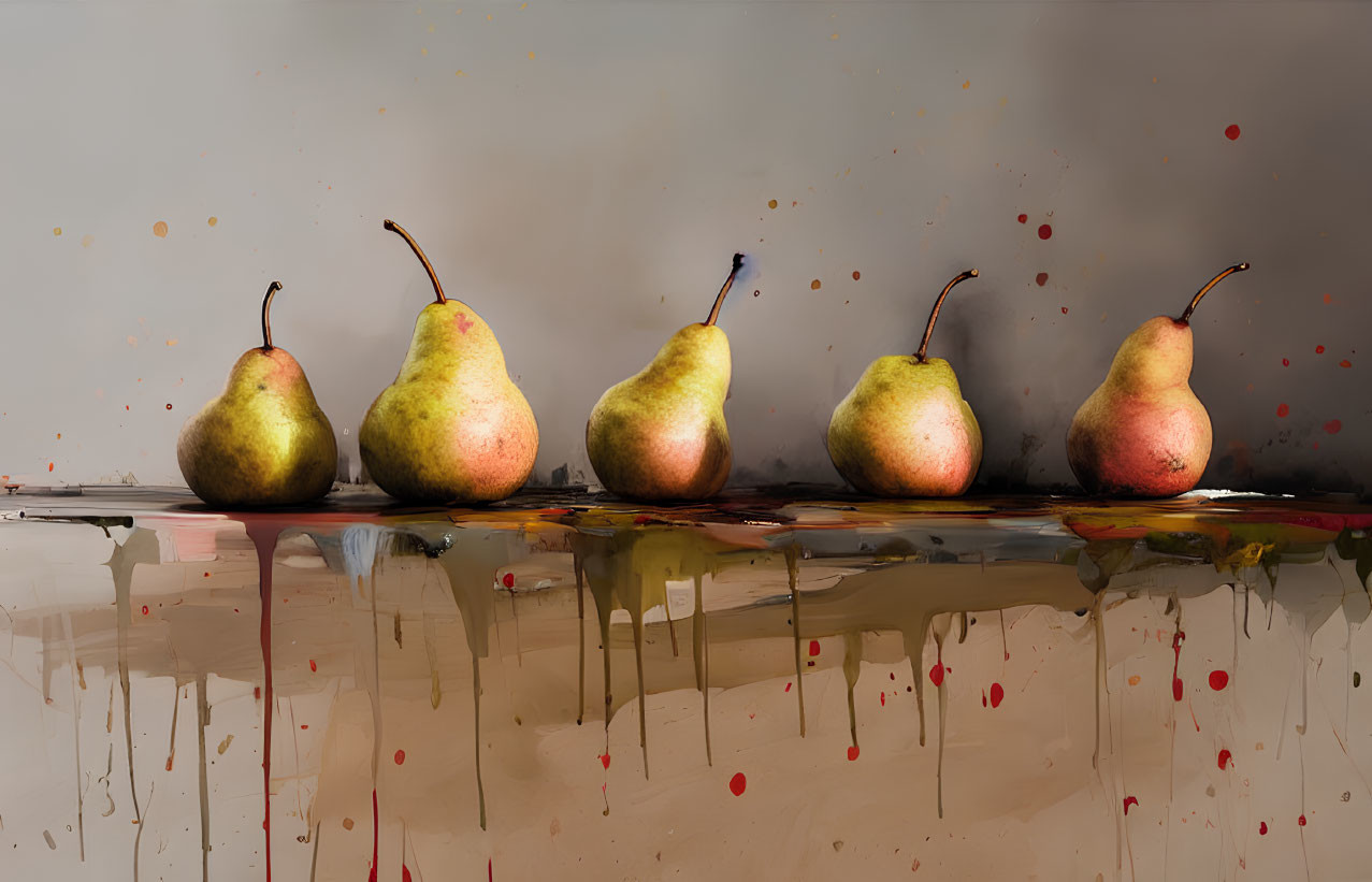 Five Pears on Reflective Surface with Paint Splatters and Dripping Colors