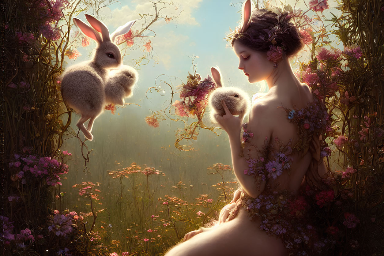 Woman adorned with flowers in meadow with floating rabbit and small rabbit