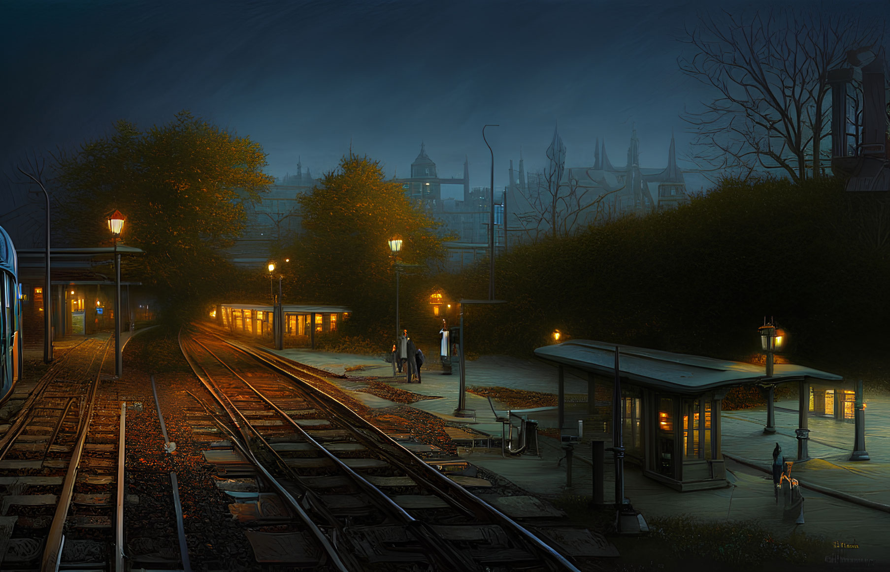 Quiet train station scene with warm lights, passengers, and misty cityscape