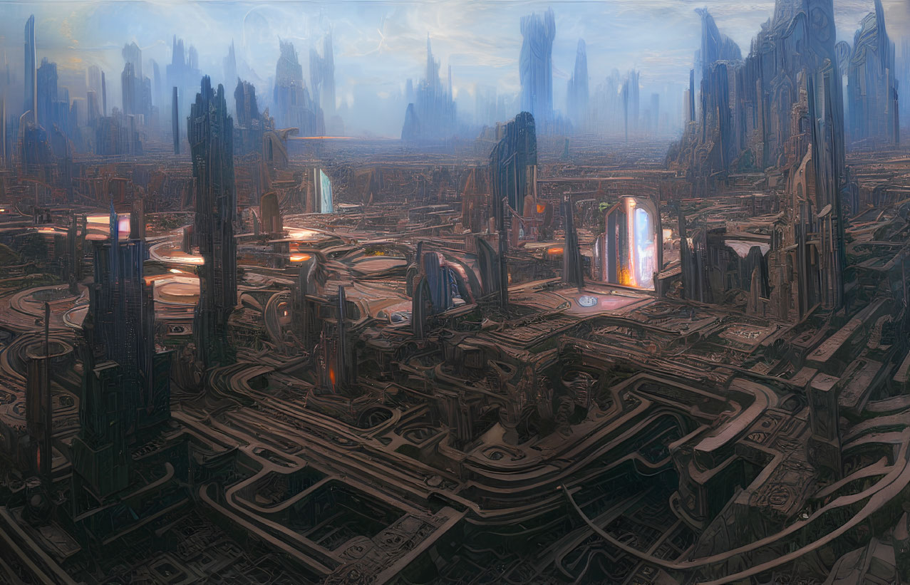Futuristic cityscape with skyscrapers, roadways, and glowing portals at dusk