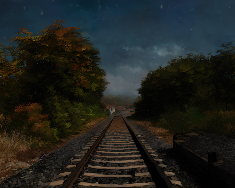 Autumn trees and railway tracks under starry night sky