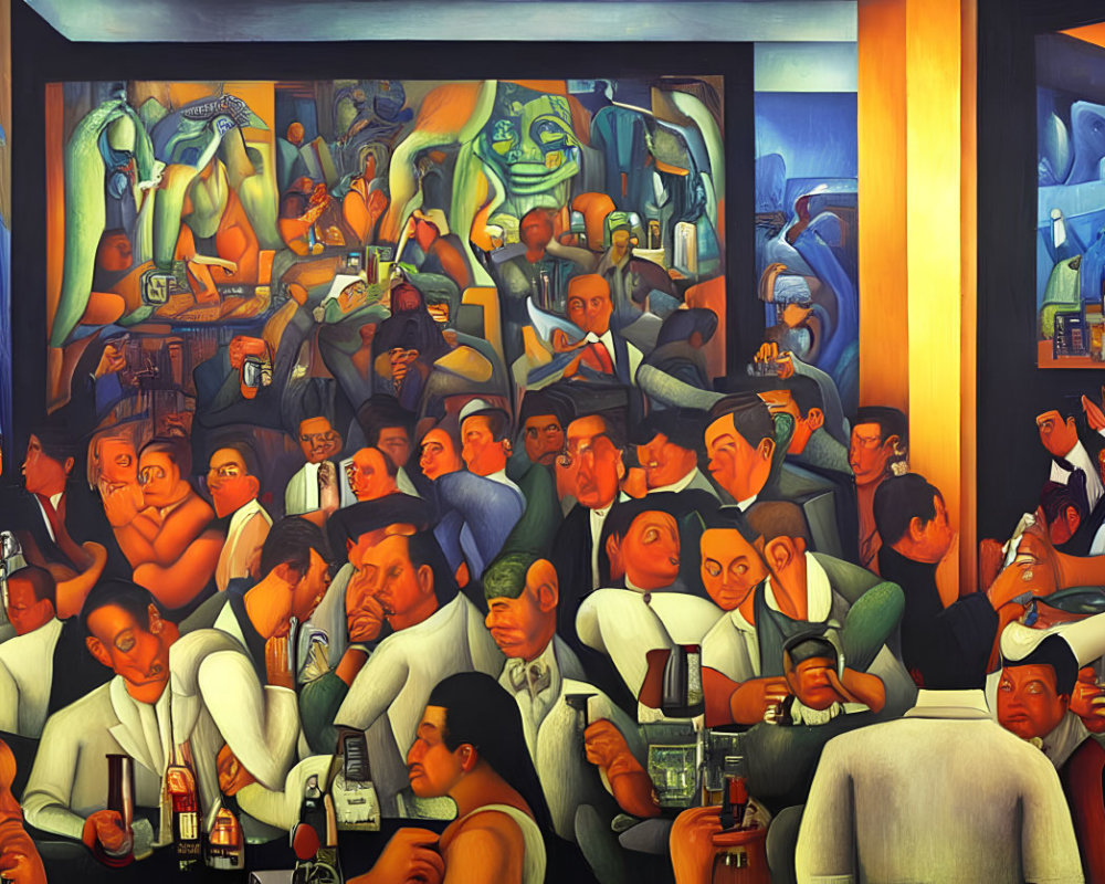 Colorful painting of people socializing in a vibrant bar scene